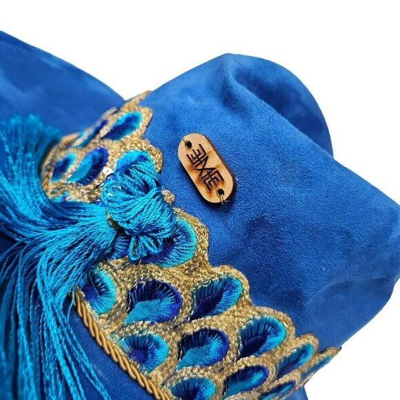 Peacock Royal Blue Velvet Cowboy Wide Brim Hat Tassel Embroidered Ribbon‎ Band M main image 6